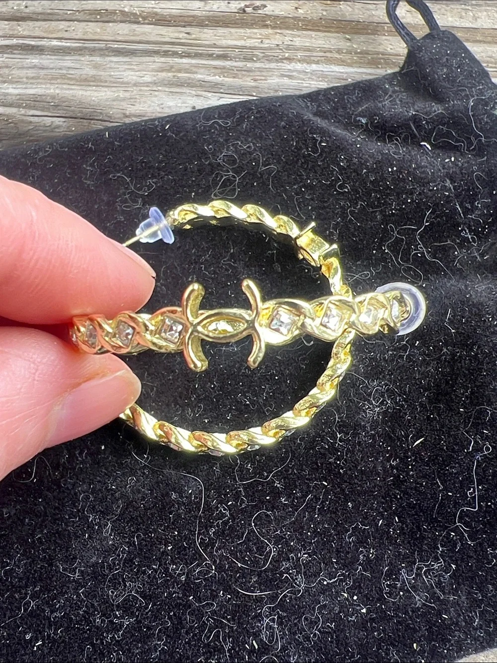 CHANEL Gold-Tone Hoop Earrings with Crystal Accents - Picture 10 of 14
